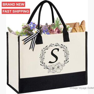 Personalized Initial Canvas Tote Bag, Large Durable Beach Bag for Women